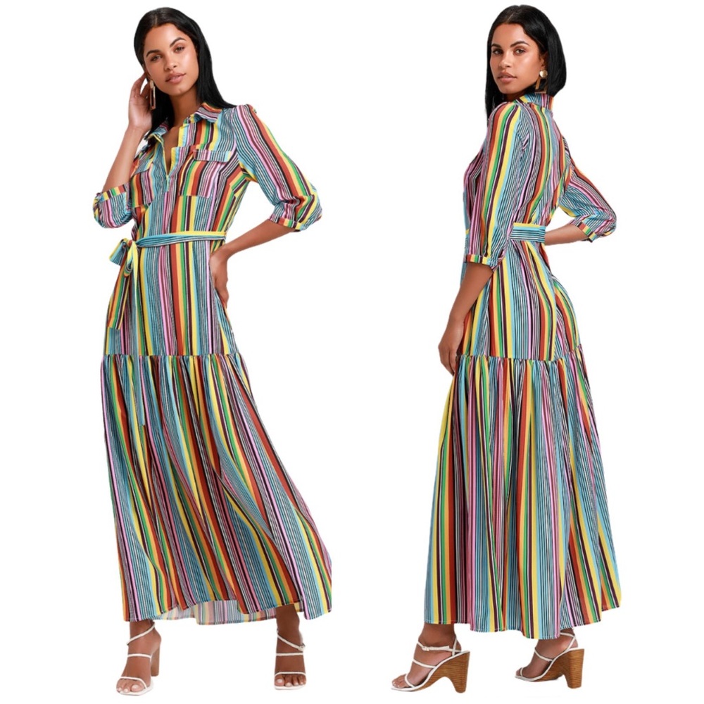 SOLD—————-Lulu's Size Medium Marvel Light Rainbow Stripe Maxi Dress NEW NWOT - Picture 1 of 13